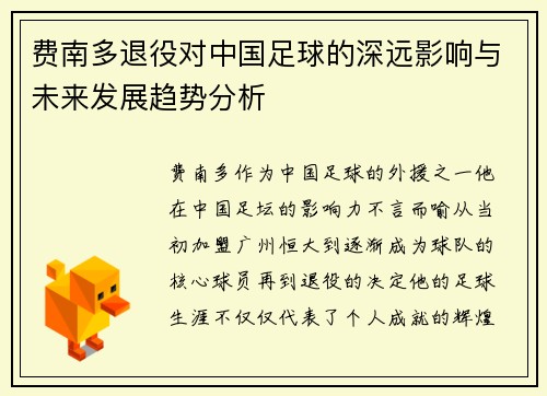费南多退役对中国足球的深远影响与未来发展趋势分析