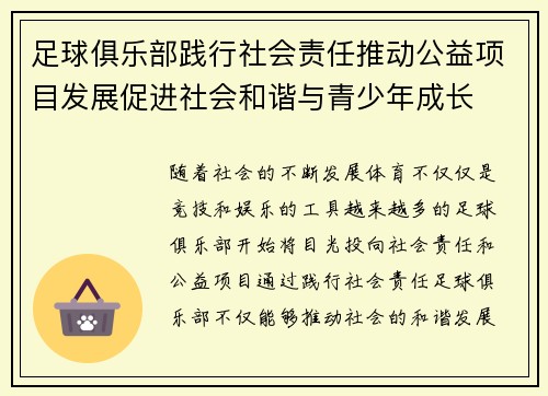 足球俱乐部践行社会责任推动公益项目发展促进社会和谐与青少年成长 足球俱乐部践行社会责任推动公益项目发展促进社会和谐与青少年成长