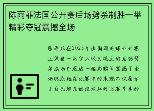 陈雨菲法国公开赛后场劈杀制胜一举精彩夺冠震撼全场 陈雨菲法国公开赛后场劈杀制胜一举精彩夺冠震撼全场