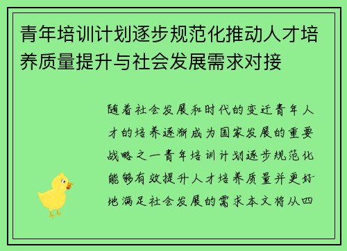 青年培训计划逐步规范化推动人才培养质量提升与社会发展需求对接 青年培训计划逐步规范化推动人才培养质量提升与社会发展需求对接