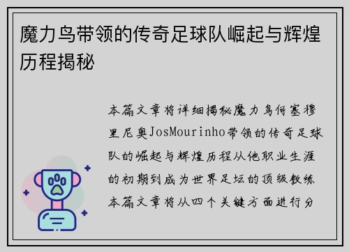 魔力鸟带领的传奇足球队崛起与辉煌历程揭秘 魔力鸟带领的传奇足球队崛起与辉煌历程揭秘